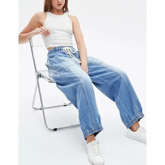 Women Loose Fit Cotton Denim Jeans Casual Wide Leg Drawstring Pants
